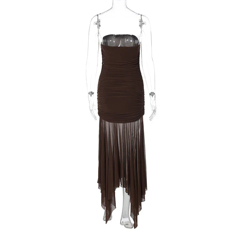 שמלת מקסי סטרפלס בעיטור שיפון - סיסיליה