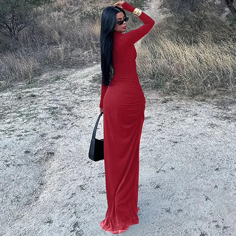 שמלת מקסי כיווצים צווארון גולף בעיצוב שסע עמוק - סאשה