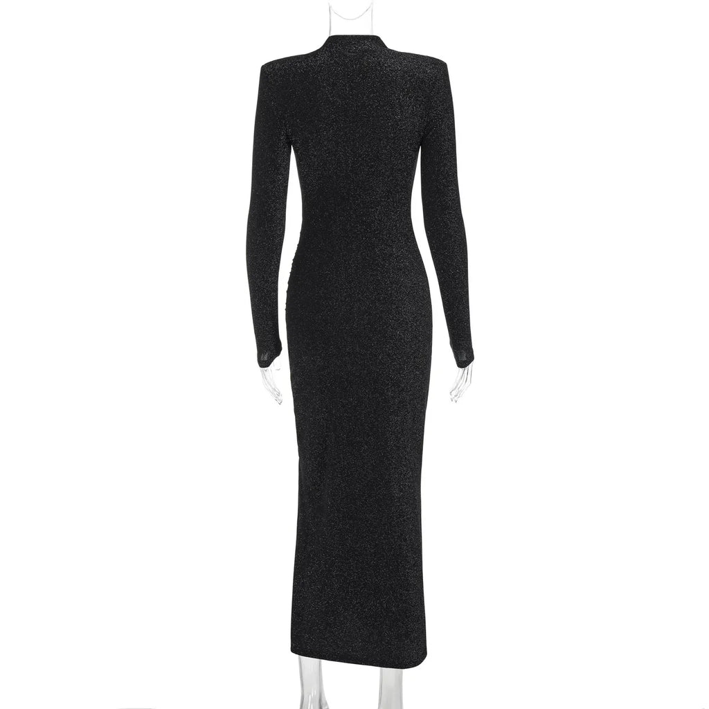 שמלת מקסי נצנצים צווארון חצי גולף בעיצוב כיווצים ושסע קצר - Hazel