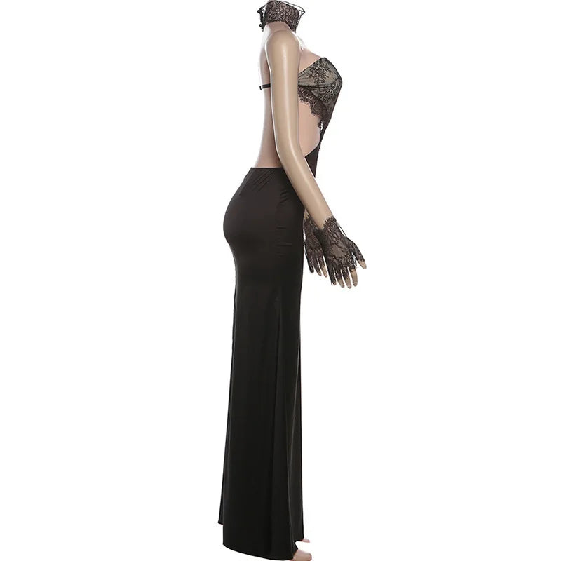 Strapless satin maxi dress in lace design with gloves and collar - GEE