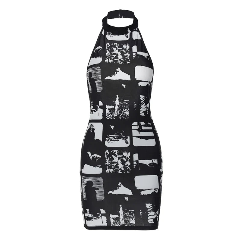 שמלת מיני קולר בעיצוב הדפס מונוכרום - Tessa