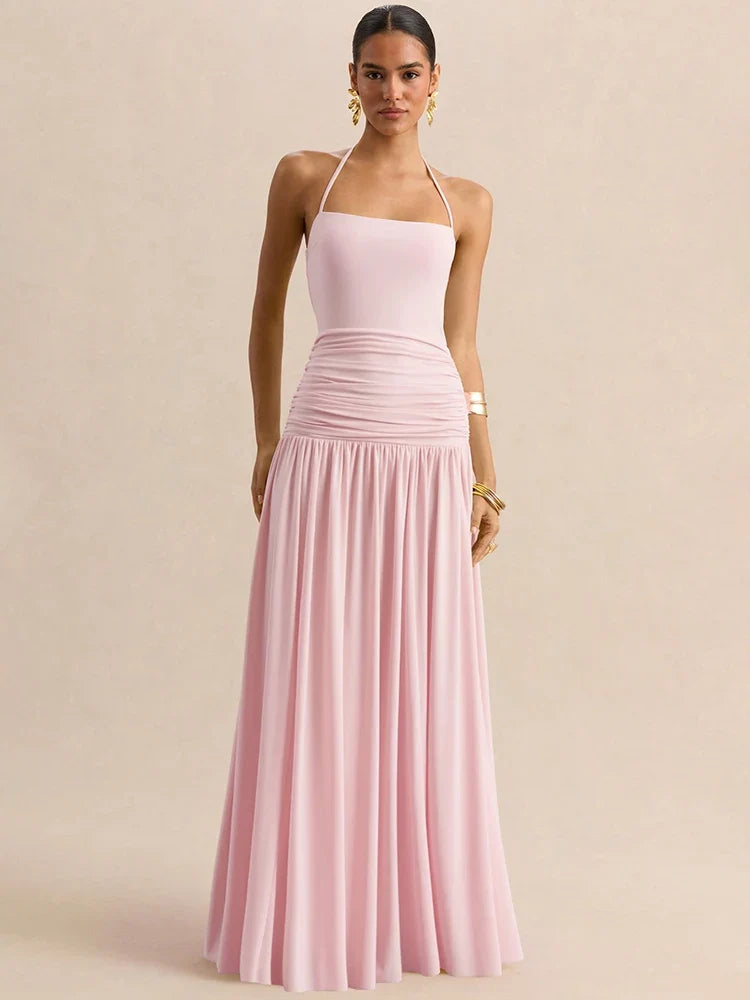 Pleated maxi dress with a neck tie and open back - Tuval