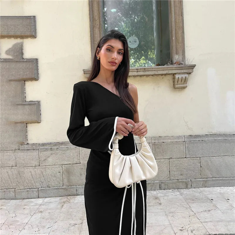 שמלת מידי סרוגה שרוול אחד בעיטור קשירת מעטפת - תהילה