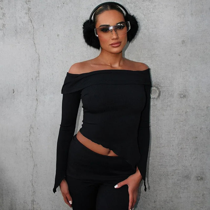 חליפת שני חלקים סרוגה חולצת כתפיים חשופות בגזרה אסימטרית ומכנסיים ארוכים - ROZIE