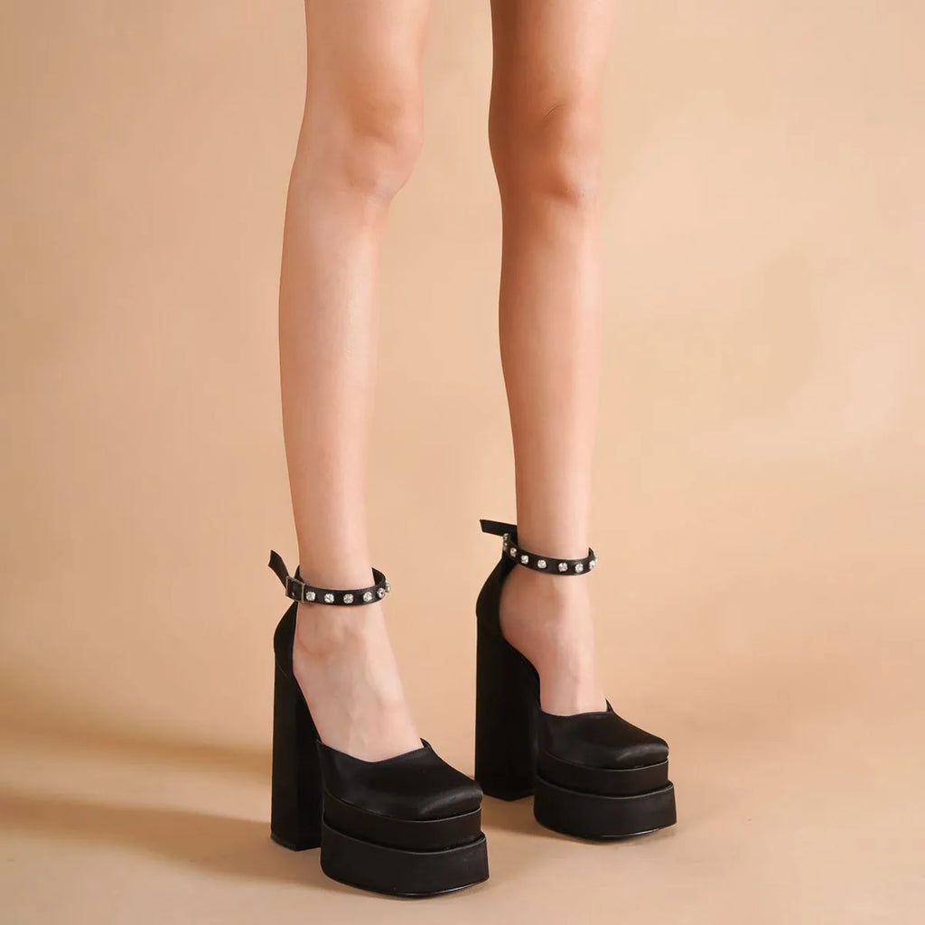 נעלי בובה עקב פלטפורמה בד משי סאטן בעיטור יהלומים - מליס