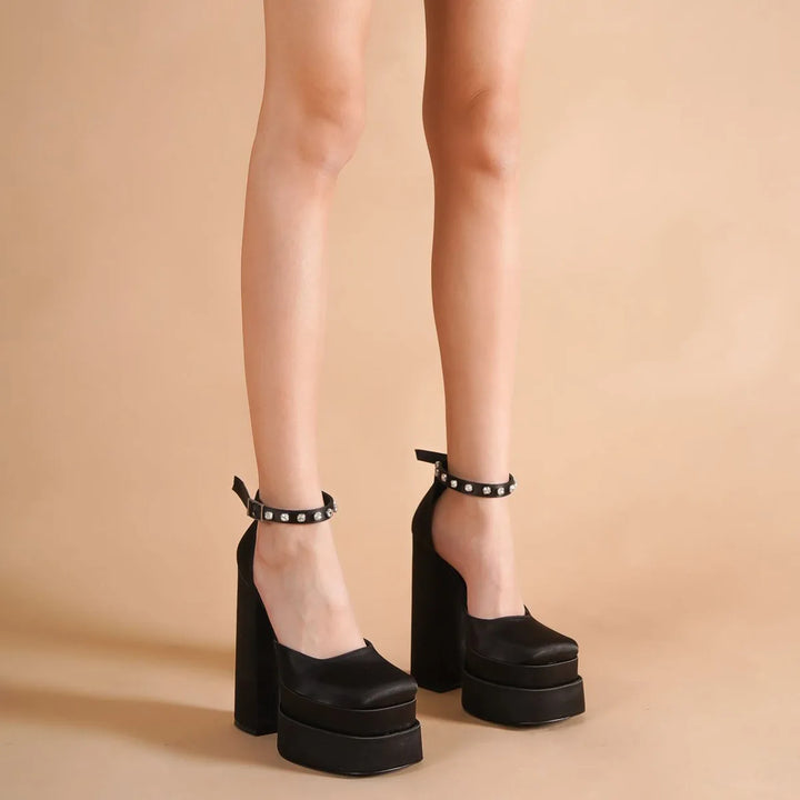 Platform doll shoes in silk satin fabric decorated with diamonds - Melis