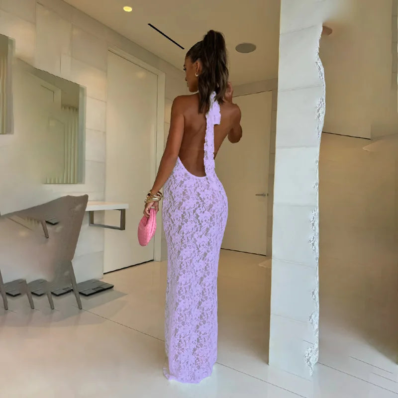 שמלת מקסי תחרה גב פתוח צווארון נופל - וניליה