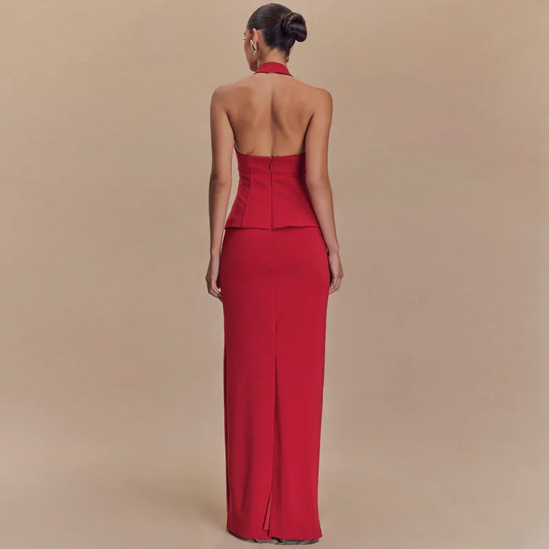 חליפת שני חלקים מחויטת טופ גב פתוח וחצאית מקסי - הלני