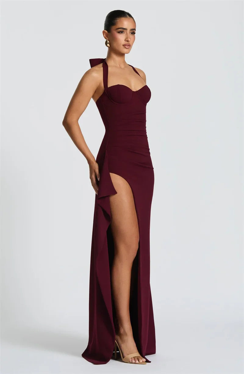 שמלת מקסי אלגנטית בעיצוב שסע קשירה בצוואר - ווין