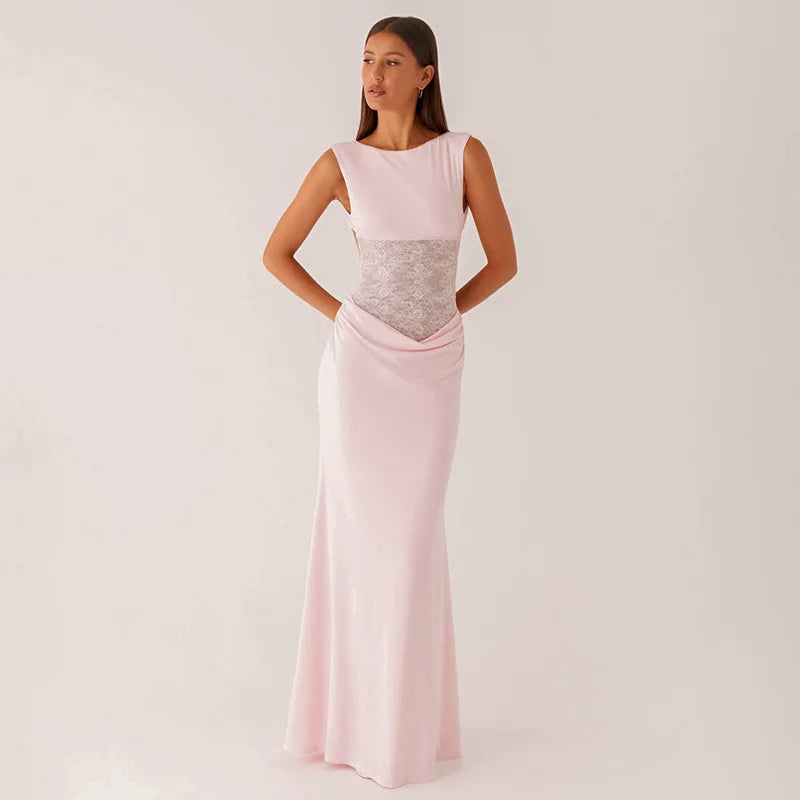 Maxi dress with lace design and open back pleats - Lilin