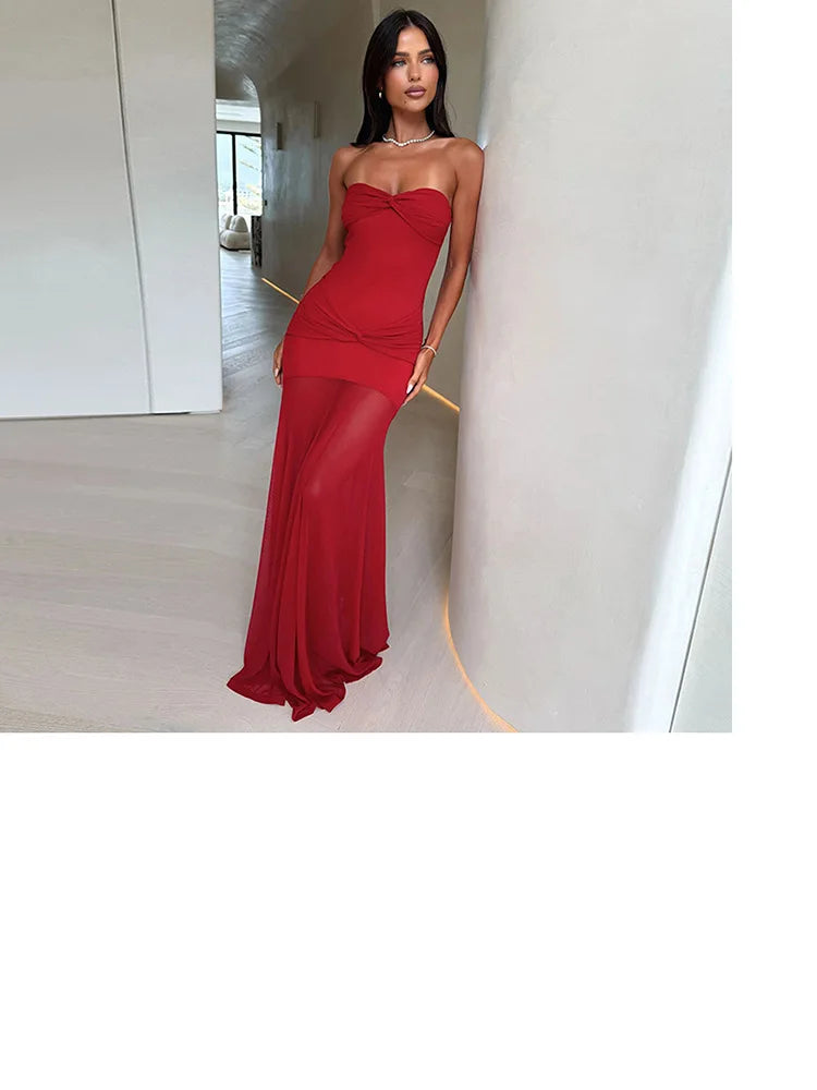 שמלת מקסי סטרפלס בעיטור שיפון וכיווצים - חסמין