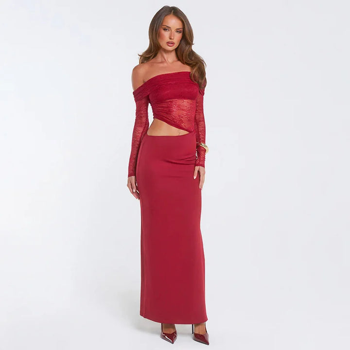 Off-the-shoulder maxi dress with lace and slit - LOLA
