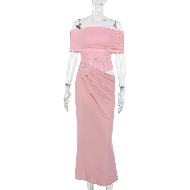 שמלת מקסי כיווצים בעיצוב רשת וכתפיים חשופות - קשת