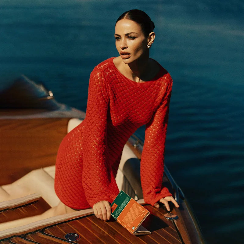 שמלת חוף מיני סרוגה גב פתוח - Mar