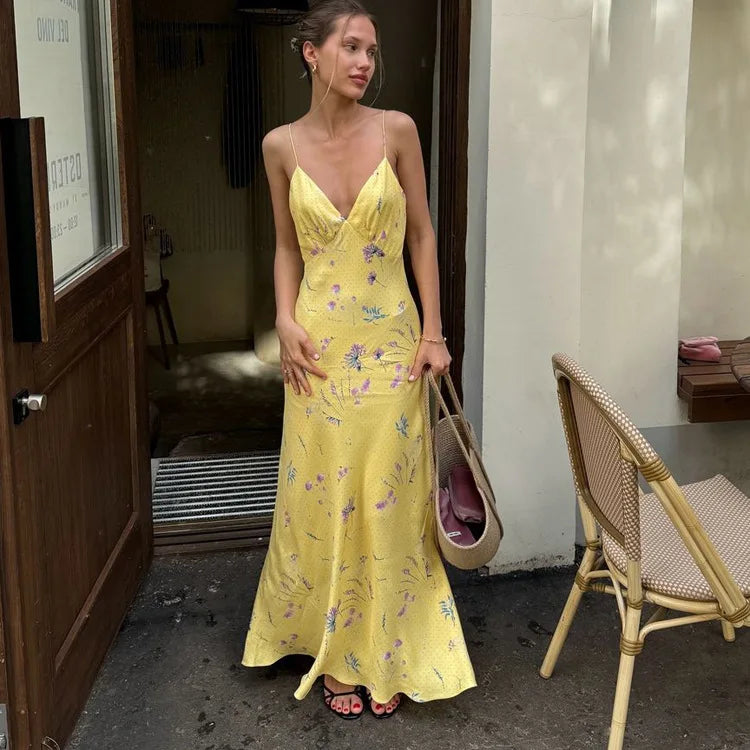 שמלת מקסי סאטן בעיטור הדפס פרחוני - Baylee