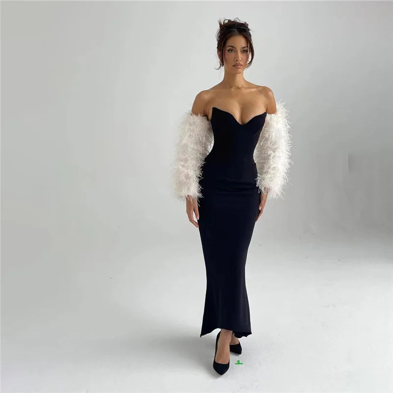 שמלת ערב מקסי סטרפלס מחויטת בד מחטב ומחמיא - ג'ון