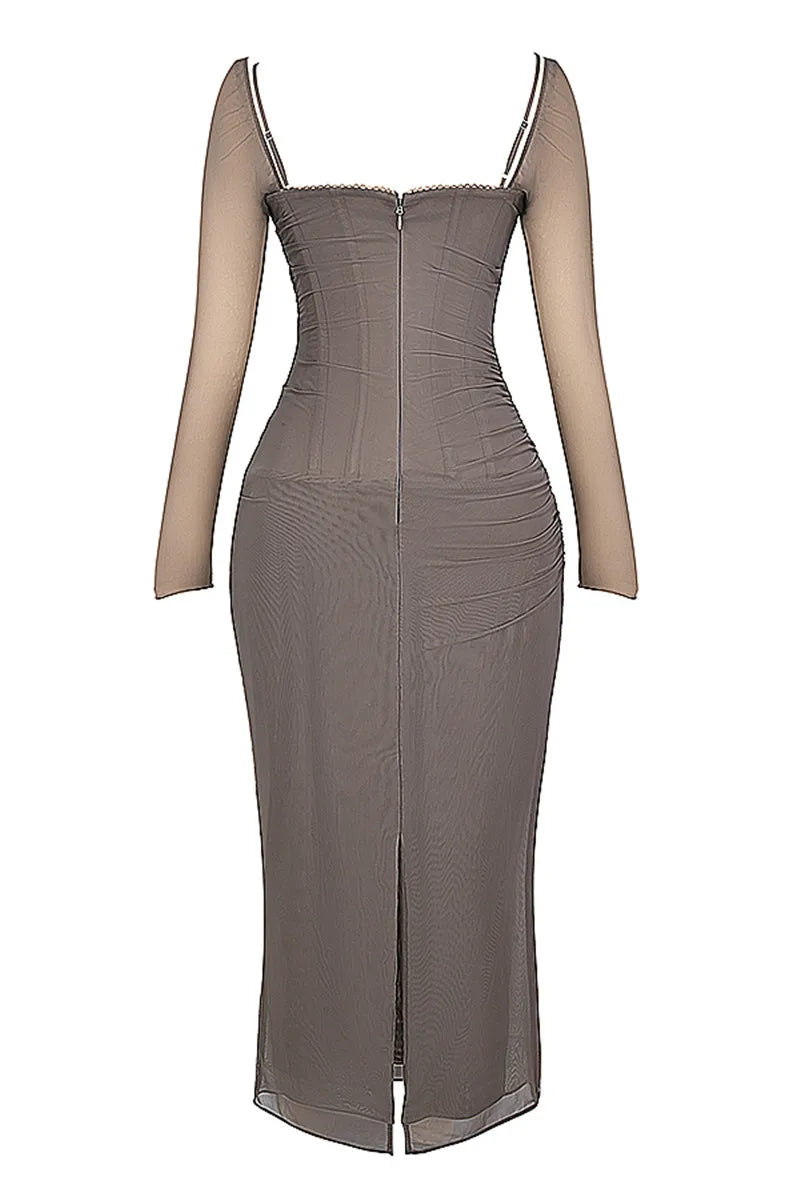 שמלת מקסי שיפון בגזרת מחוך בעיטור תחרה - סקרלט