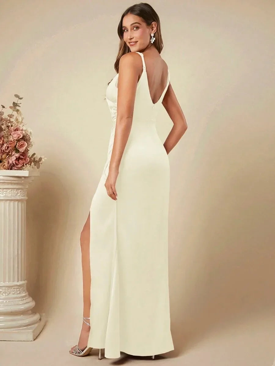 שמלת מקסי סאטן אלגנטית בעיטור שסע - ריינה