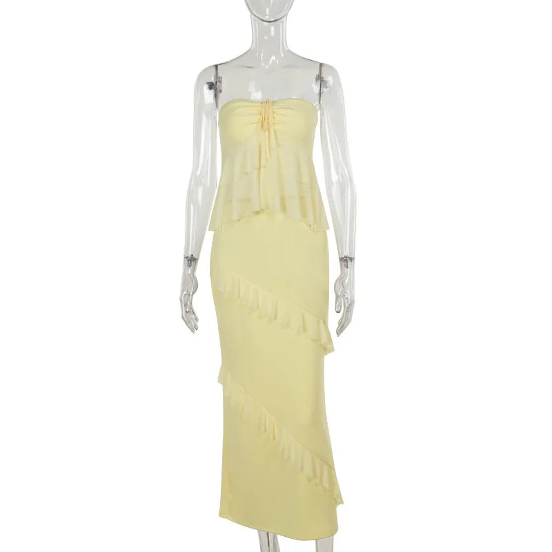 סט שני חלקים טופ סטרפלס וחצאית מקסי בעיטור מלמלה - סאני