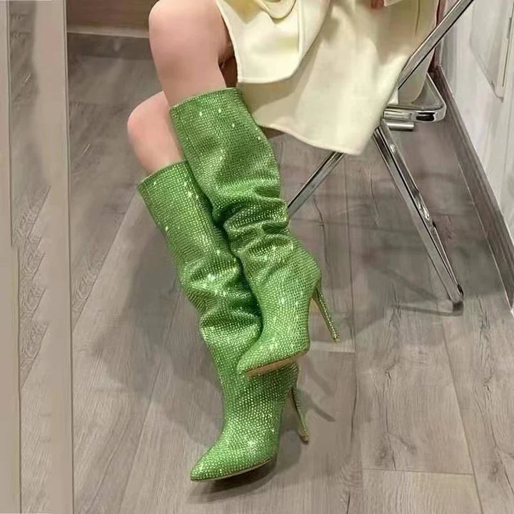 High-heeled pointed-toe boots with glittery rhinestones - Josie