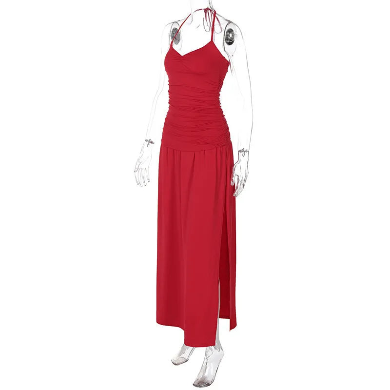 שמלת מקסי כיווצים בעיצוב שסע קשירה בצוואר - JOYA