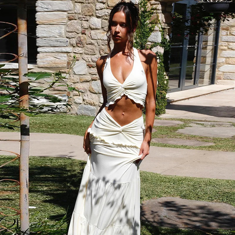 סט שני חלקים חצאית מקסי וטופ קשירה בצוואר - לורנזה