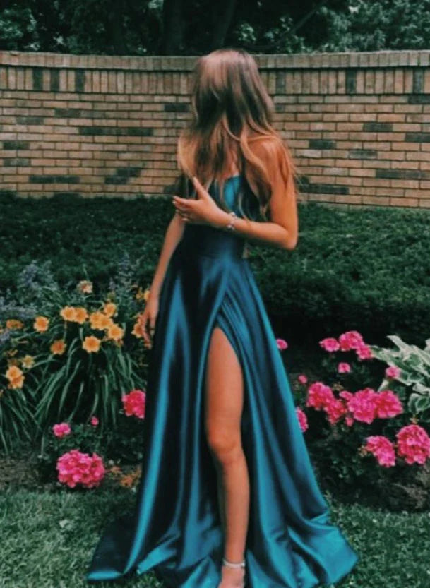 שמלת מקסי סאטן אלגנטית בעיטור שסע בגזרת A קשירה בגב - פרינס