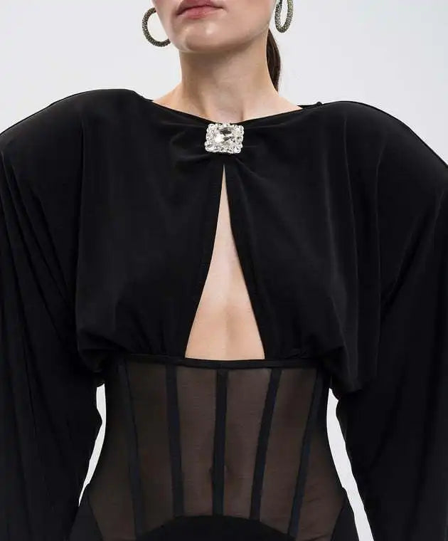 Maxi dress with a slit design and a mesh bodice with a diamond buckle - AMOR