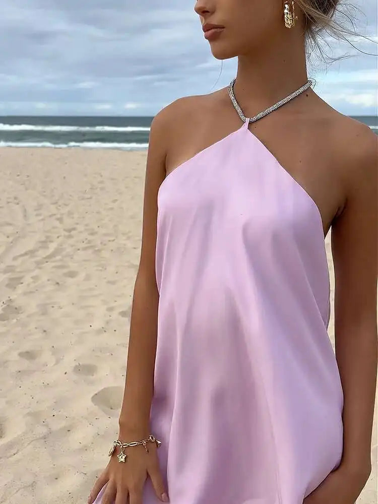 שמלת מיני סאטן בעיצוב חוטי זרקונים מנצנצים לקשירה בצוואר - קולין