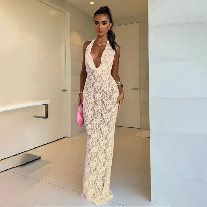 שמלת מקסי תחרה גב פתוח צווארון נופל - וניליה