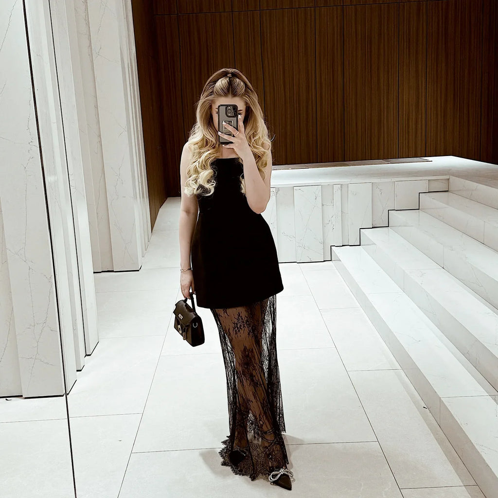 סט שני חלקים אלגנטי טופ סטרפלס וחצאית מקסי תחרה - ג'ולין