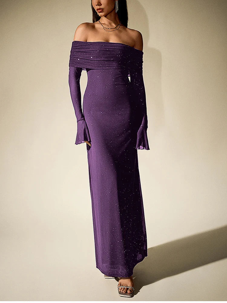 שמלת מקסי נצנצים בעיצוב כתפיים חשופות שרוולי פעמון - מרגריטה