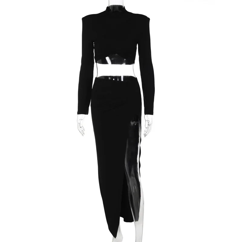 סט שני חלקים אלגנטי חולצת קרופ וחצאית מקסי בעיצוב שסע - Yasmin