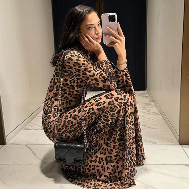 שמלת מקסי מנומרת צווארון חצי גולף שרוולי פעמון - לינה