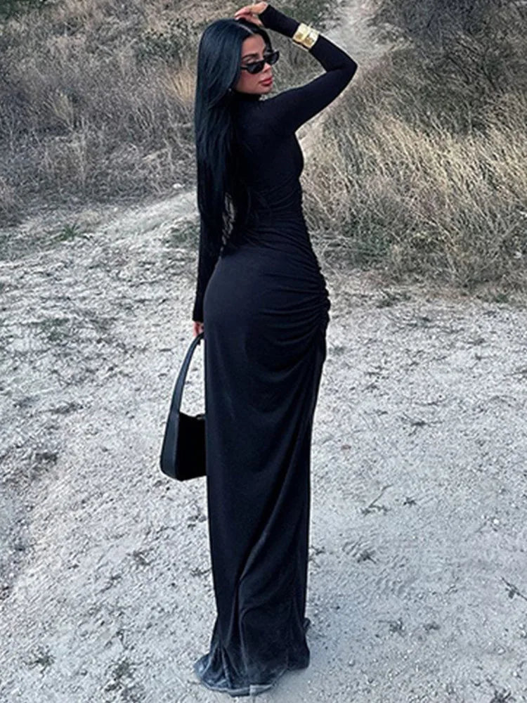 שמלת מקסי כיווצים צווארון גולף בעיצוב שסע עמוק - סאשה