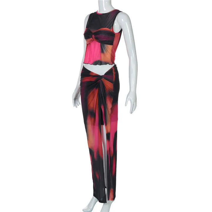 Two-piece set of mesh fabric with tie-dye design, top and maxi skirt with slit decoration - Florence
