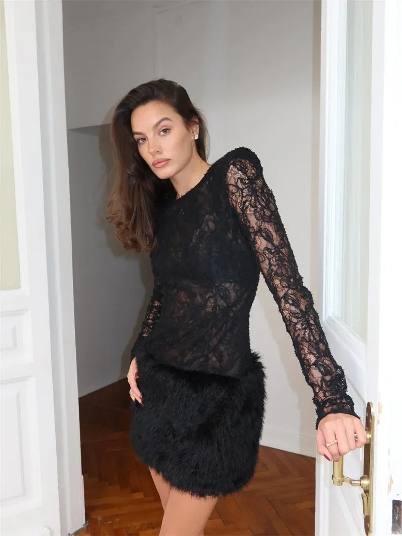 Fur-trimmed lace mini dress - FRANCIS