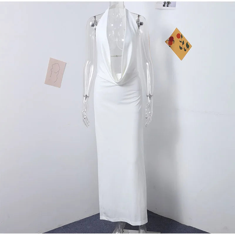 שמלת מקסי מחשוף עמוק צווארון נופל - פולה