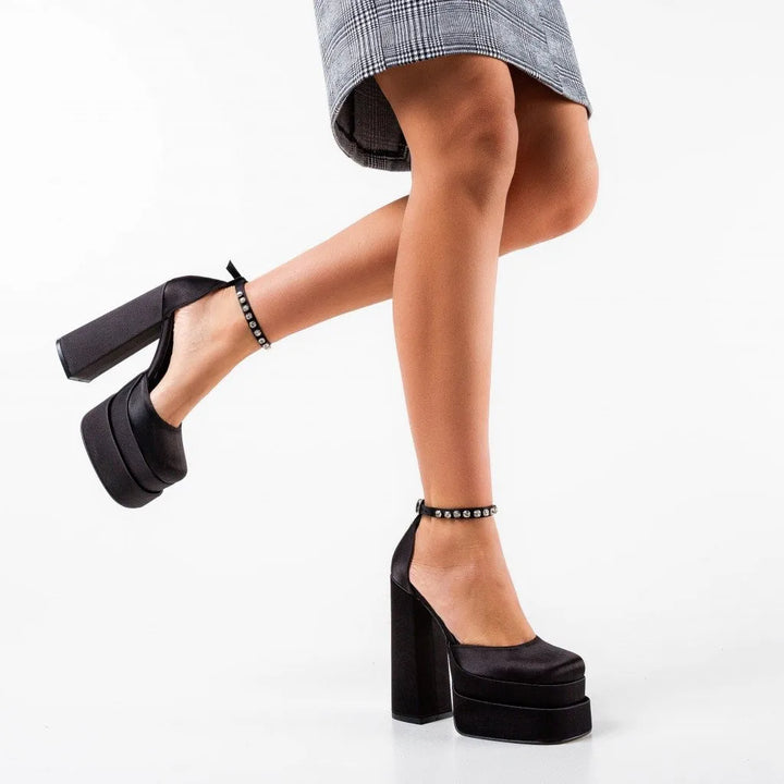 Platform doll shoes in silk satin fabric decorated with diamonds - Melis