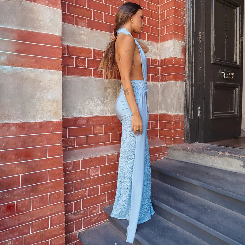 שמלת מקסי כיווצים בעיצוב גב פתוח ומחשוף עמוק בעיטור תחרה ושובל - מריאל