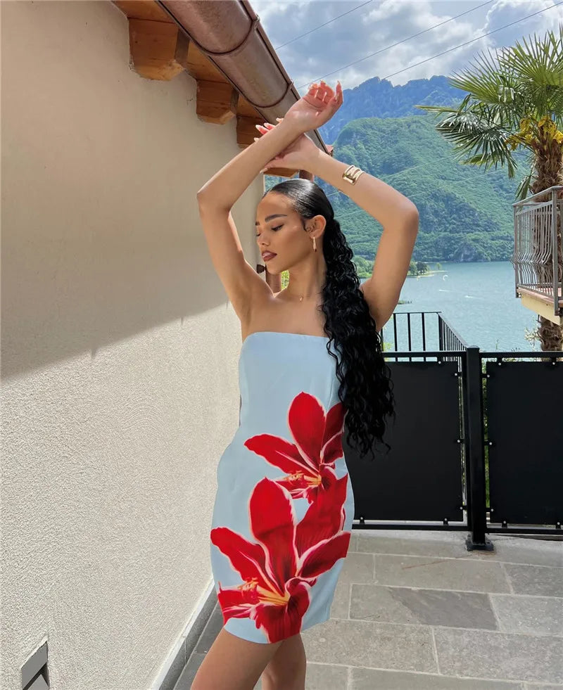 שמלת מיני סטרפלס בעיטור הדפס פרחים - שי לי