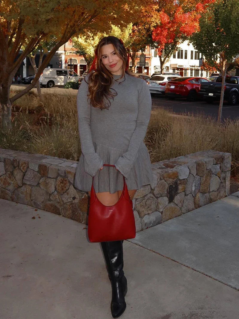 שמלת מיני מלמלה סרוגה בעיצוב אסימטרי צווארון גולף - אוהב