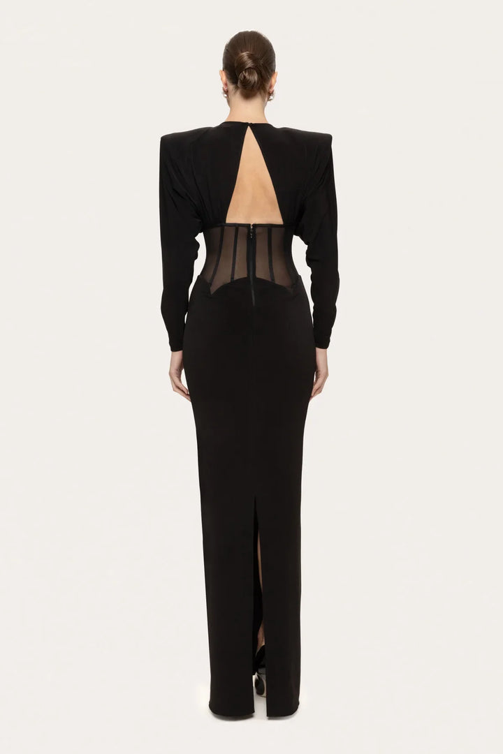 Maxi dress with a slit design and a mesh bodice with a diamond buckle - AMOR