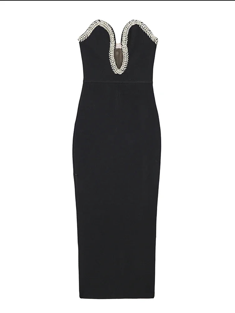 שמלת מקסי ערב אלגנטית בעיטור יהלומים בד מחטב ומחמיא - MARINA