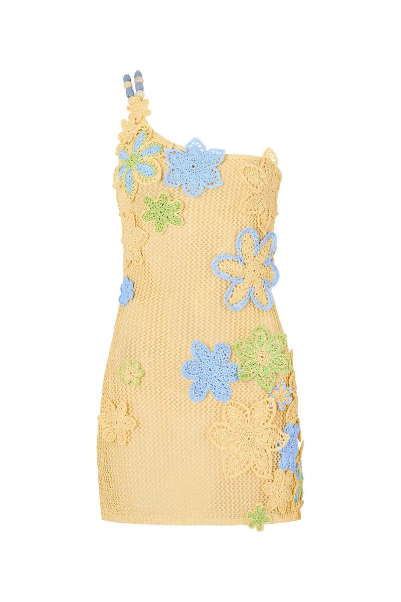 שמלת חוף רשת סרוגה / סט חוף שני חלקים טופ וחצאית מקסי רשת סרוגה בעיטור אפליקציות פרחים - סאנשיין