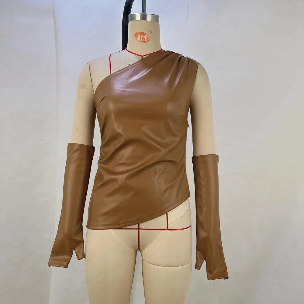 One-shoulder faux leather top with matching gloves - Sol