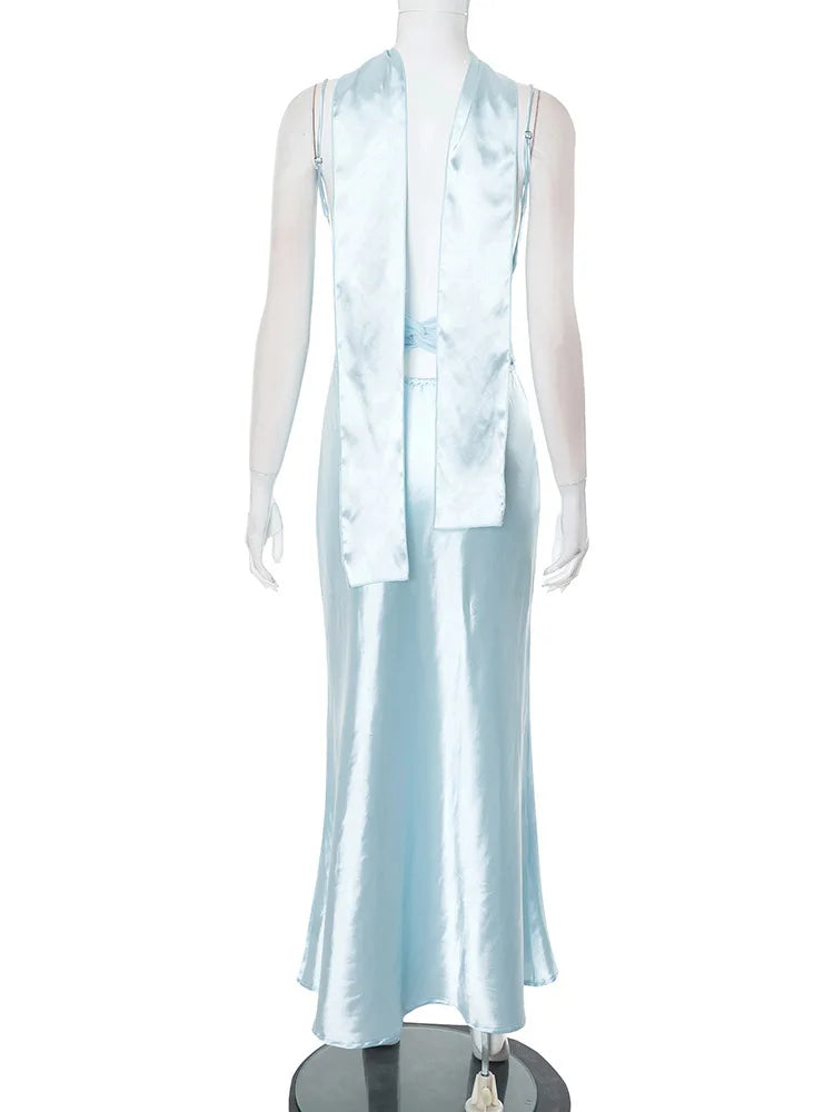 שמלת מקסי סאטן בעיטור רשת וצעיף תואם - סלסטה