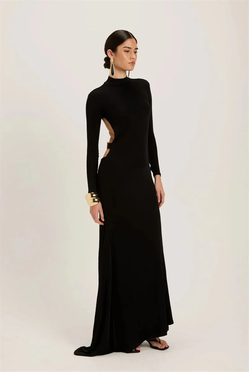 Maxi turtleneck dress with open back and buckle - EINAT