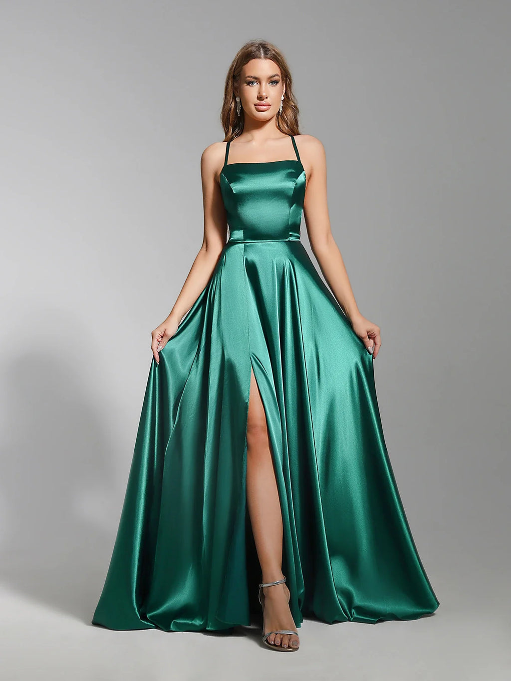שמלת מקסי סאטן אלגנטית בעיטור שסע בגזרת A קשירה בגב - פרינס