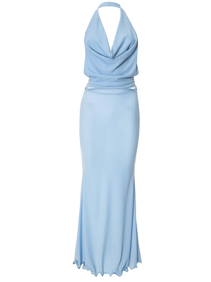 סט שני חלקים בעיצוב בד נשפך טופ צווארון נופל גב פתוח וחצאית מקסי - סקרלט